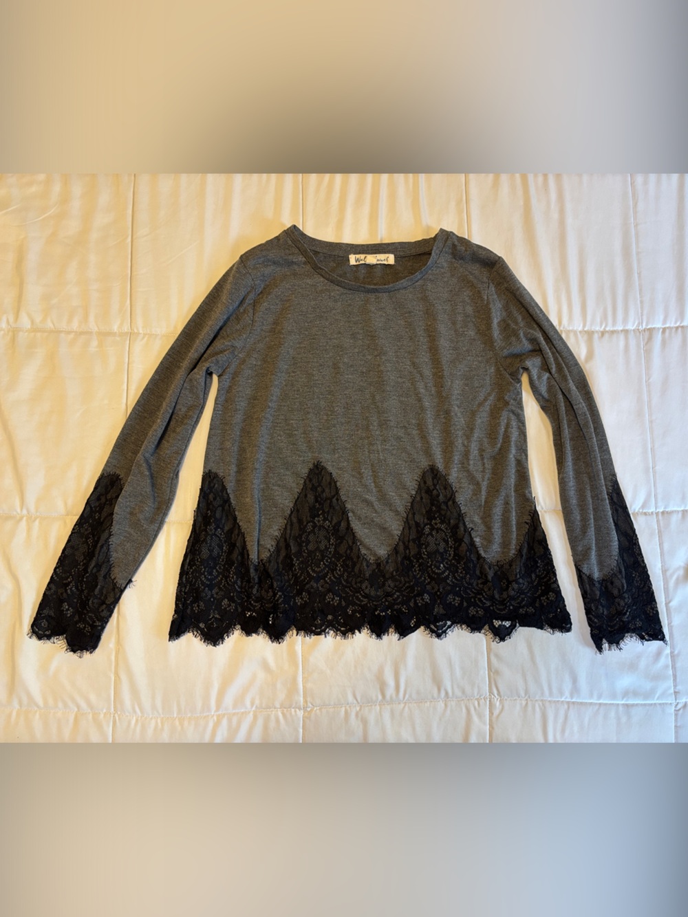 Wallflower Grey Long Sleeve Top with Black Lace Trim